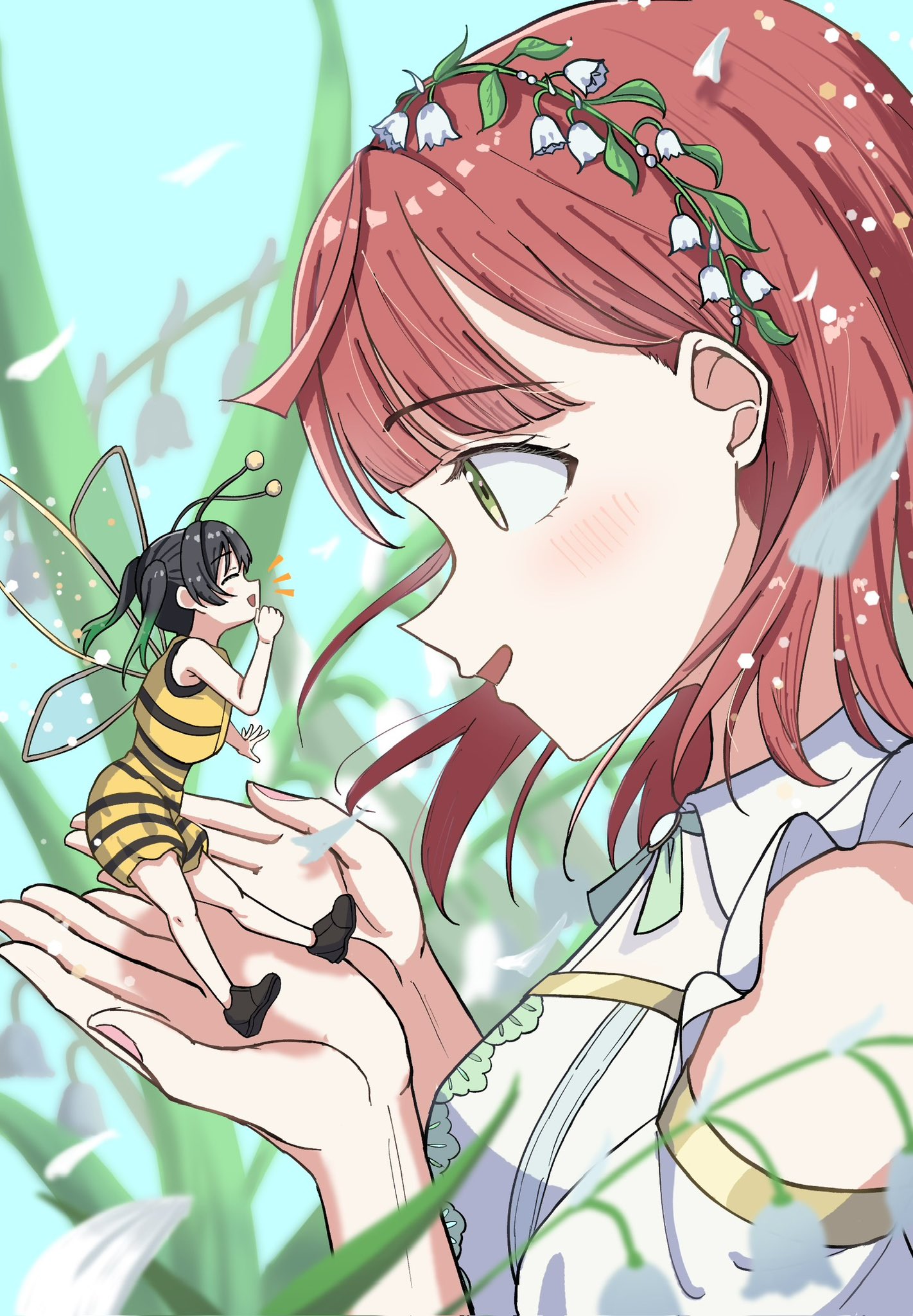 keitaro tension, takasaki yu, uehara ayumu, love live!, love live! nijigasaki high school idol club, commentary, highres, 2girls, ^ ^, arthropod girl, bee costume, bee girl, bee wings, black hair, closed eyes, dress, facing another, flower, flower music live boooooom boooooom bee!!, gradient hair, green eyes, green hair, in palms, insect girl, insect wings, lily of the valley, looking at another, medium hair, mini person, minigirl, multicolored hair, multiple girls, notice lines, official alternate costume, open mouth, pink hair, profile, twintails, white dress, wings