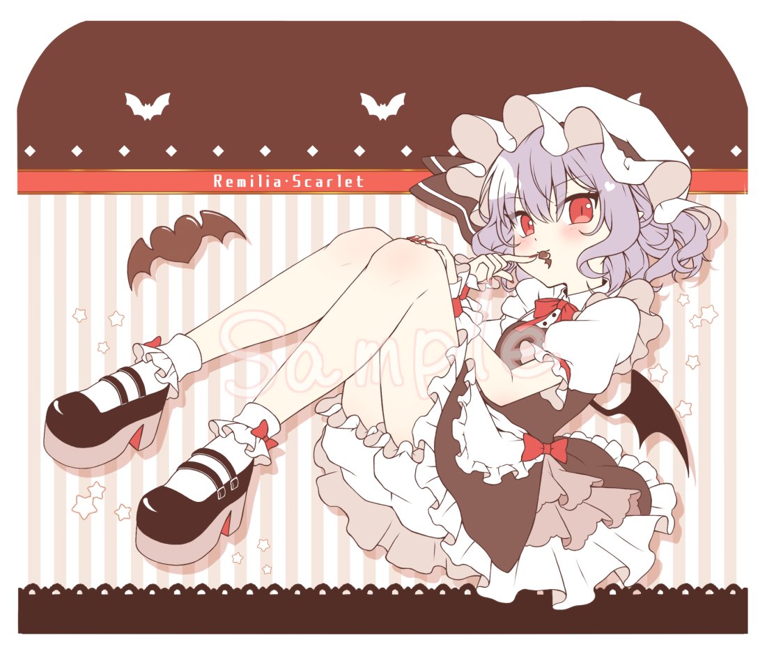 beni kurage, remilia scarlet, touhou, commentary request, 1girl, apron, bat wings, black dress, black ribbon, black shoes, bobby socks, bow, bowtie, character name, chocolate, chocolate on face, collared shirt, dress, food, food on face, full body, hat, hat ribbon, looking at viewer, mob cap, puffy short sleeves, puffy sleeves, purple hair, red bow, red bowtie, red eyes, red nails, ribbon, sample watermark, shirt, shoes, short hair, short sleeves, slit pupils, socks, solo, star (symbol), waist apron, watermark, white apron, white hat, white shirt, white socks, wings, wrist cuffs