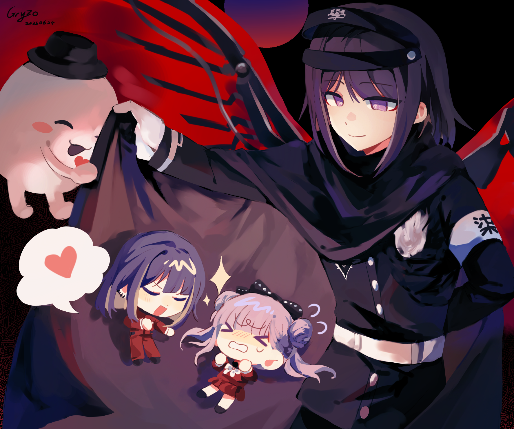 sirei (hundred line), tsukumo ima, tsukumo kako, the hundred line -last defense academy-, chinese commentary, commentary request, highres, > <, 1girl, 2boys, arm behind back, armband, black background, black bow, black cloak, black hat, black jacket, black sailor collar, bow, brother and sister, cape hold, chibi, cloak, dated, double bun, dual persona, facing another, flying sweatdrops, gakuran, gryzo, hair bun, hand up, hat, headgear, heart, jacket, long hair, looking at another, multicolored hair, multiple boys, pants, pink eyes, pink hair, purple hair, red jacket, red pants, red serafuku, red wings, sailor collar, school uniform, serafuku, short hair, siblings, signature, smile, sparkle, spoken heart, twins, twintails, white armband, white streaks, wings