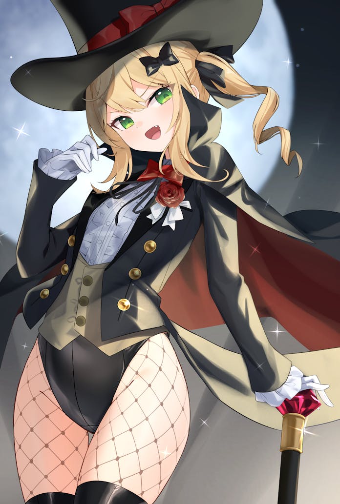 meyamu, phantom thief (kkmomo67), original, commission, skeb commission, 1girl, arm up, black cloak, black hat, black jacket, black leotard, black ribbon, black thighhighs, blonde hair, boots, bow, bowtie, brown vest, cane, cloak, fang, fishnet pantyhose, fishnets, flower, full moon, gem, gloves, green eyes, hair bow, hat, highleg, highleg leotard, jacket, leotard, leotard under clothes, long hair, moon, multicolored cloak, night, open mouth, outdoors, pantyhose, phantom thief, red bow, red bowtie, red cloak, ribbon, rose, shirt, side ponytail, smile, solo, thigh boots, thigh gap, thighhighs, thighs, top hat, two-sided cloak, two-sided fabric, two-tone cloak, vest, white gloves, white shirt, wind, wind lift