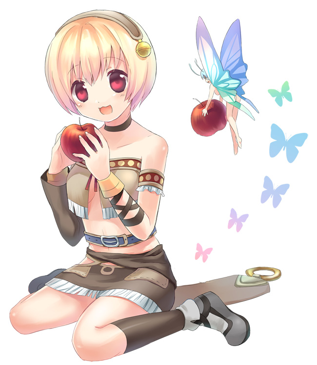 hamamo, fantasy earth zero, 1girl, :3, apple, bare shoulders, bell, blonde hair, bracelet, bug, butterfly, choker, cuffs, detached sleeves, fairy, female focus, food, frills, fruit, hairband, holding, holding food, holding fruit, insect, jewelry, kneehighs, laughing, mini person, minigirl, miniskirt, open mouth, red eyes, short hair, simple background, sitting, skirt, socks, solo