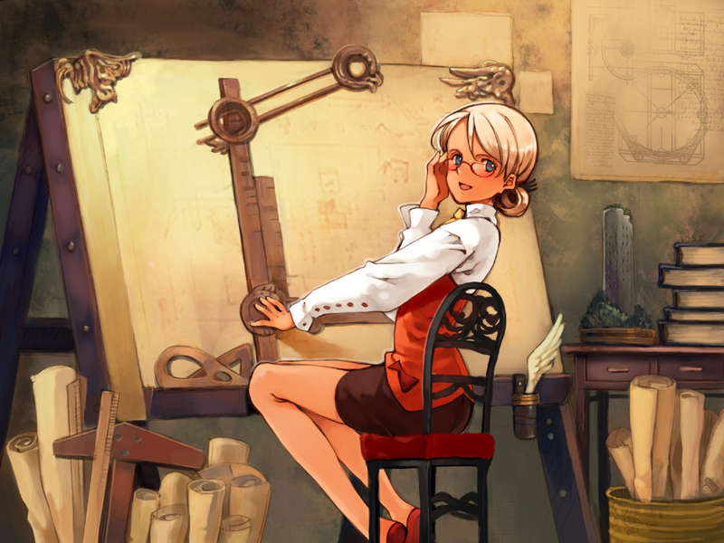ooyari ashito, mariella grandback, littlewitch, shoujo mahou gaku littlewitch romanesque, drawing, game cg, 1girl, :d, adjusting hair, ascot, blonde hair, blue eyes, blush, book, chair, easel, female focus, from behind, glasses, legs, long legs, looking back, miniskirt, office lady, on chair, open mouth, pencil skirt, quill, ruler, scroll, shoes, short hair, sitting, skirt, smile, solo, thighs
