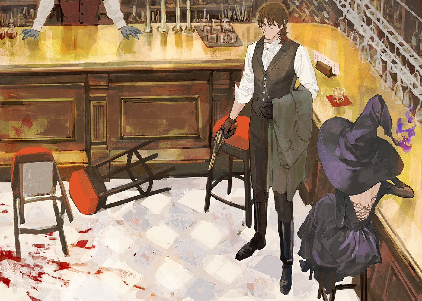 huangdanlan, lockon stratos, tieria erde, gundam, gundam 00, 1boy, 1girl, ascot, bare back, bartender, black dress, black pants, black vest, blood, blood on ground, brown hair, cup, dress, drinking glass, expressionless, genderswap, genderswap (mtf), gun, handgun, hat, holding, holding jacket, holding unworn clothes, indoors, jacket, pants, shot glass, stool, unworn jacket, vest, weapon, white ascot, witch hat