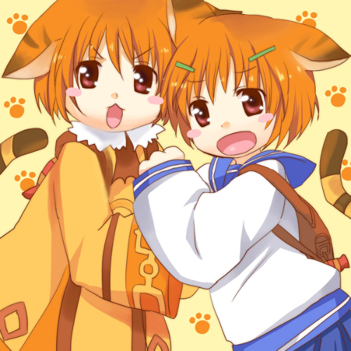 hisui (paingumi), emil chronicle online, lowres, :3, alternate costume, animal ears, bag, blue skirt, blush stickers, brown eyes, cat ears, cat tail, crossdressing, crossdressing (mtf), dress, dual persona, hair ornament, hairclip, nekomata anzu, open mouth, orange dress, orange hair, paw print, paw print background, school uniform, serafuku, shoulder bag, skirt, tail, trap, yellow background