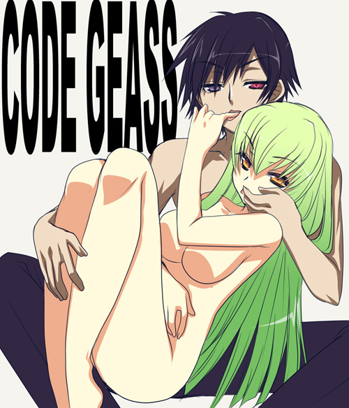 tajima yoshikazu, c.c., lelouch vi britannia, code geass, 00s, 1boy, 1girl, black hair, breasts, clothed male nude female, completely nude, convenient censoring, green hair, hetero, hug, large breasts, long hair, looking at viewer, nude, pants, purple eyes, spread legs, topless male, underboob, very long hair, yellow eyes