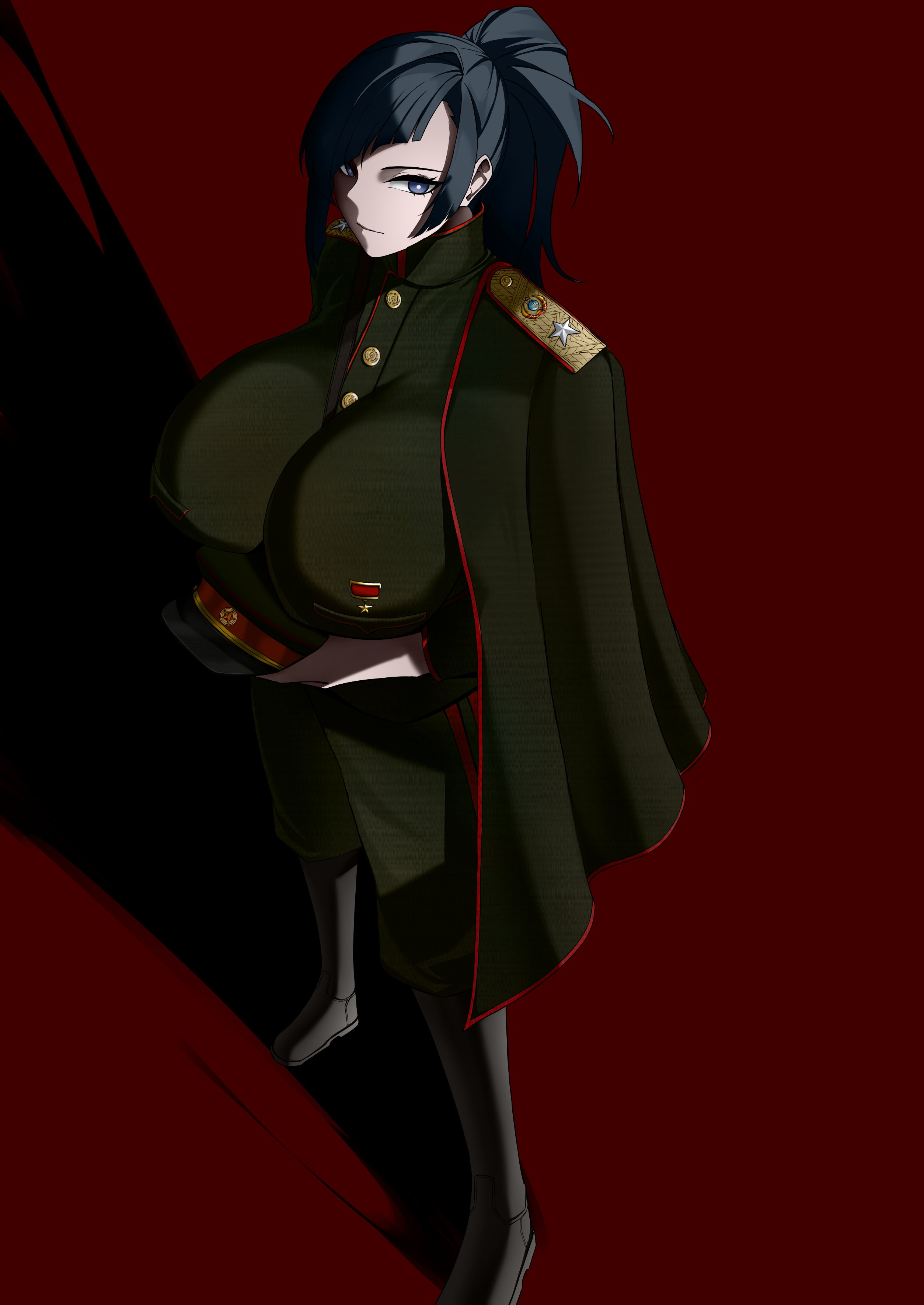 mafrn3 (g03s), valentina (nuclear-il2), 1girl, army, army uniform, between breasts, black hair, blue eyes, boots, breasts, buttons, cape, coat, collared jacket, hat, huge breasts, insignia, jacket, looking at viewer, military, military hat, military uniform, on shoulder, ponytail, red background, red star, russia, russian ground forces, soviet, soviet army, star (symbol)