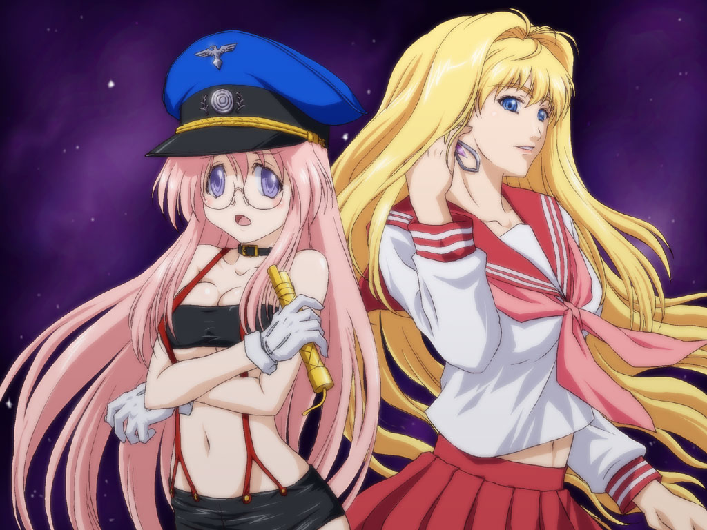 iga tomoteru, endou aya, sheryl nome, takara miyuki, lucky star, macross, macross frontier, blonde hair, blue eyes, cosplay, costume switch, crossover, earrings, glasses, hat, jewelry, long hair, microphone, peaked cap, pink hair, school uniform, serafuku, sheryl nome (cosplay), suspenders, takara miyuki (cosplay), very long hair, voice actor connection