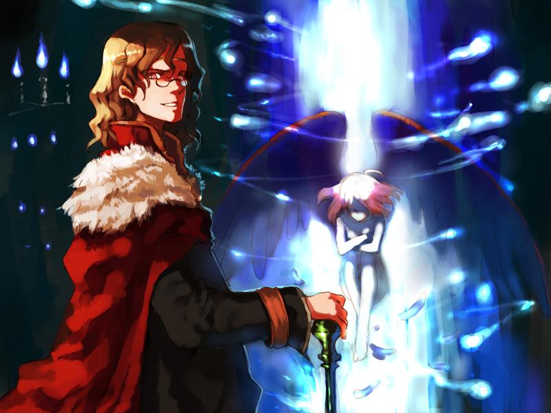 ooyari ashito, domino (little witch romanesque), sepha, sepha (littlewitch), littlewitch, shoujo mahou gaku littlewitch romanesque, light, game cg, 1boy, 1girl, ahoge, angel, angel wings, blonde hair, candle, circlet, crossed arms, faceless, flat chest, floating, fur trim, glasses, grin, long hair, looking back, magic, nude, pince-nez, pink eyes, pink hair, robe, short hair, sitting, smile, staff, standing, wings
