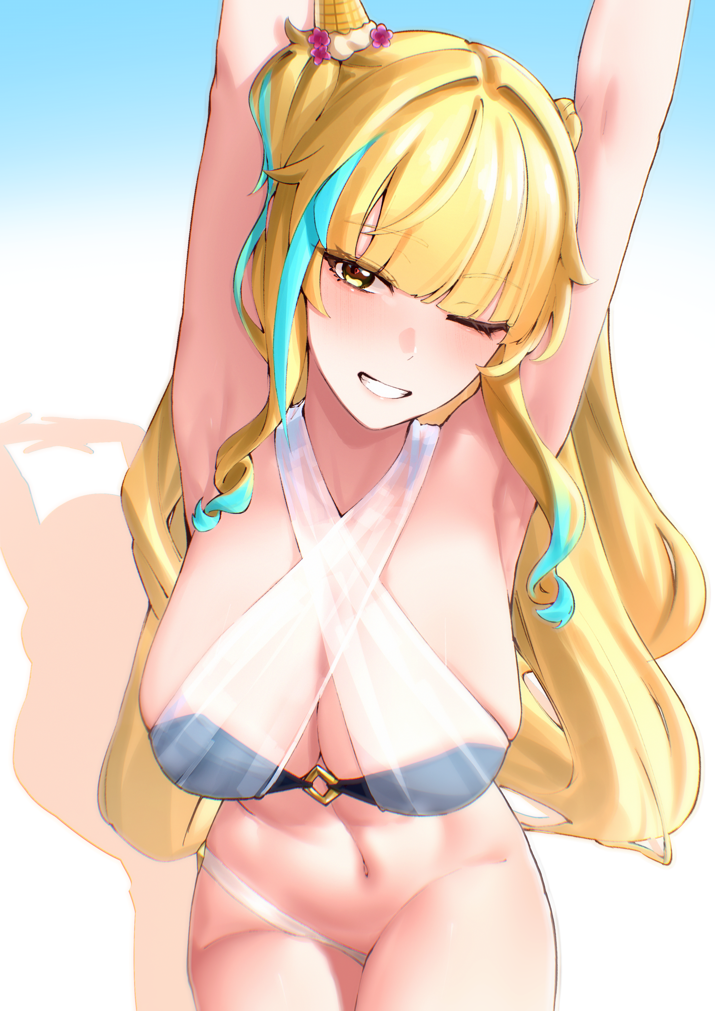 pyeong il, songque, honkai (series), honkai impact 3rd, absurdres, commentary request, highres, korean commentary, 1girl, armpits, beach, bikini, blonde hair, blue bikini, breasts, cleavage, large breasts, long hair, mismatched bikini, navel, official alternate costume, outdoors, parted lips, smile, solo, stomach, stretching, swimsuit, thighs, very long hair, white bikini, yellow eyes