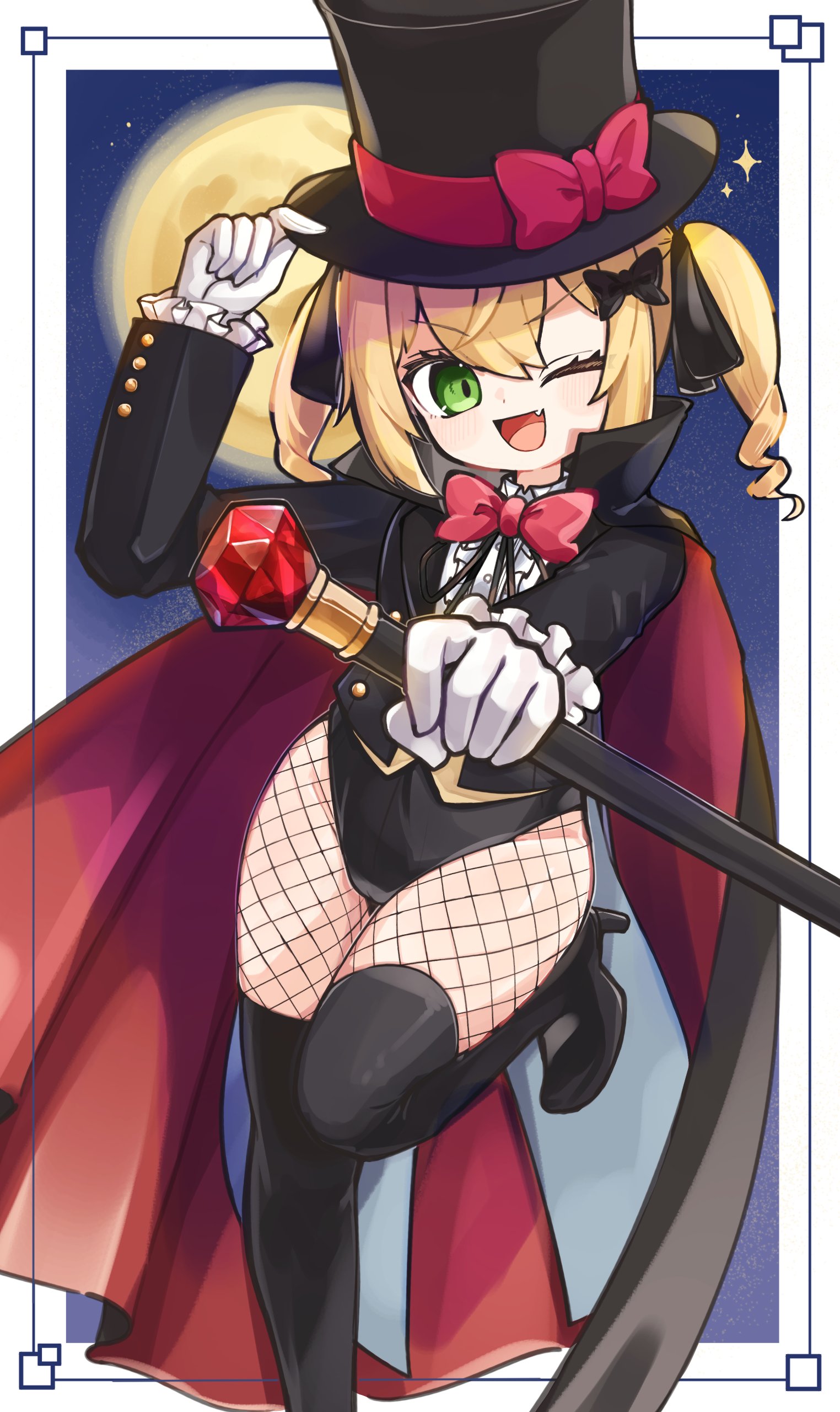 ame to ame, phantom thief (kkmomo67), original, absurdres, commission, highres, skeb commission, 1girl, arm up, black boots, black cloak, black hat, black jacket, black leotard, black ribbon, black thighhighs, blonde hair, boots, bow, bowtie, cane, cloak, fang, fishnet pantyhose, fishnets, full moon, gem, gloves, green eyes, hair bow, hand on headwear, hat, high heel boots, high heels, jacket, leg up, leotard, leotard under clothes, long hair, moon, multicolored cloak, night, one eye closed, open mouth, outdoors, pantyhose, phantom thief, red bow, red bowtie, red cloak, ribbon, shirt, smile, solo, standing, standing on one leg, thigh boots, thighhighs, thighs, top hat, twintails, two-sided cloak, two-sided fabric, two-tone cloak, white gloves, white shirt