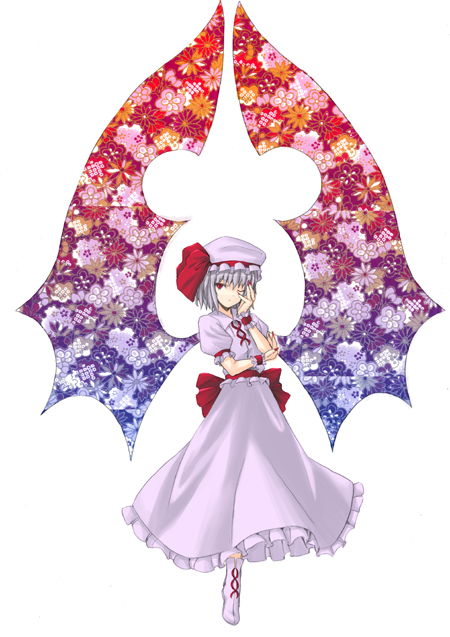 nabeshima tetsuhiro, remilia scarlet, touhou, 1girl, female focus, flower, full body, hat, plant, simple background, solo, standing, white background, wings