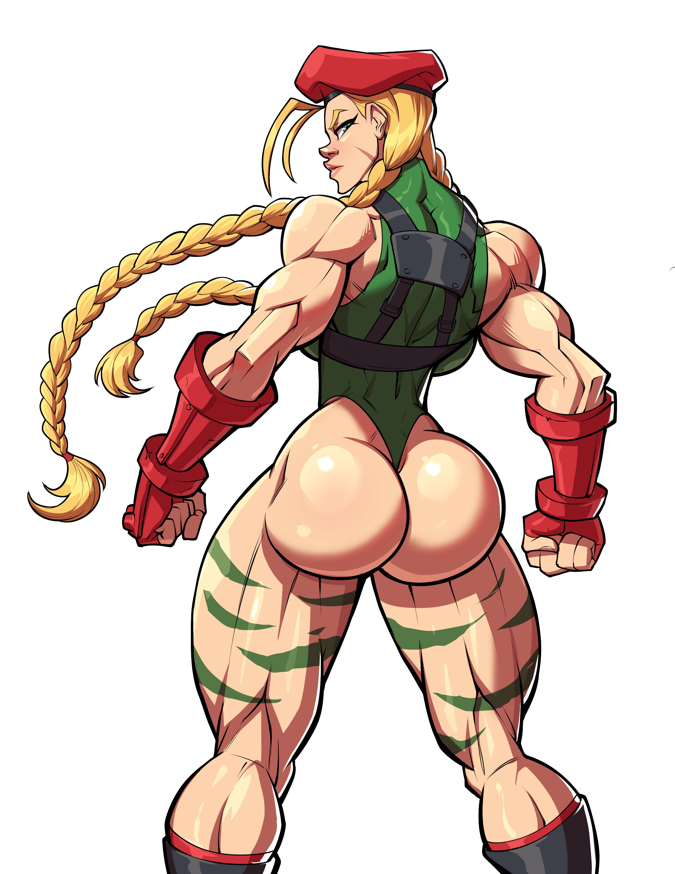 fontez, cammy white, street fighter, absurdres, highres, 1girl, ass, beret, blue eyes, braid, fingerless gloves, gloves, green leotard, hat, leotard, long hair, looking at viewer, looking back, red gloves, red hat, shirt, simple background, solo, twin braids, white background, white shirt