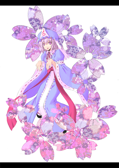 nabeshima tetsuhiro, saigyouji yuyuko, touhou, 1girl, :p, cherry blossoms, female focus, hat, japanese clothes, kimono, letterboxed, outstretched arms, pink eyes, pink hair, short hair, solo, tongue, tongue out, zombie pose