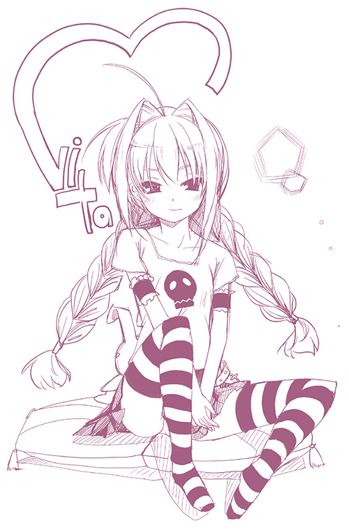 ikawa waki, vita (nanoha), lyrical nanoha, mahou shoujo lyrical nanoha, mahou shoujo lyrical nanoha a's, 00s, 1girl, female focus, monochrome, purple theme, shirt, solo, striped clothes, striped thighhighs, t-shirt, thighhighs