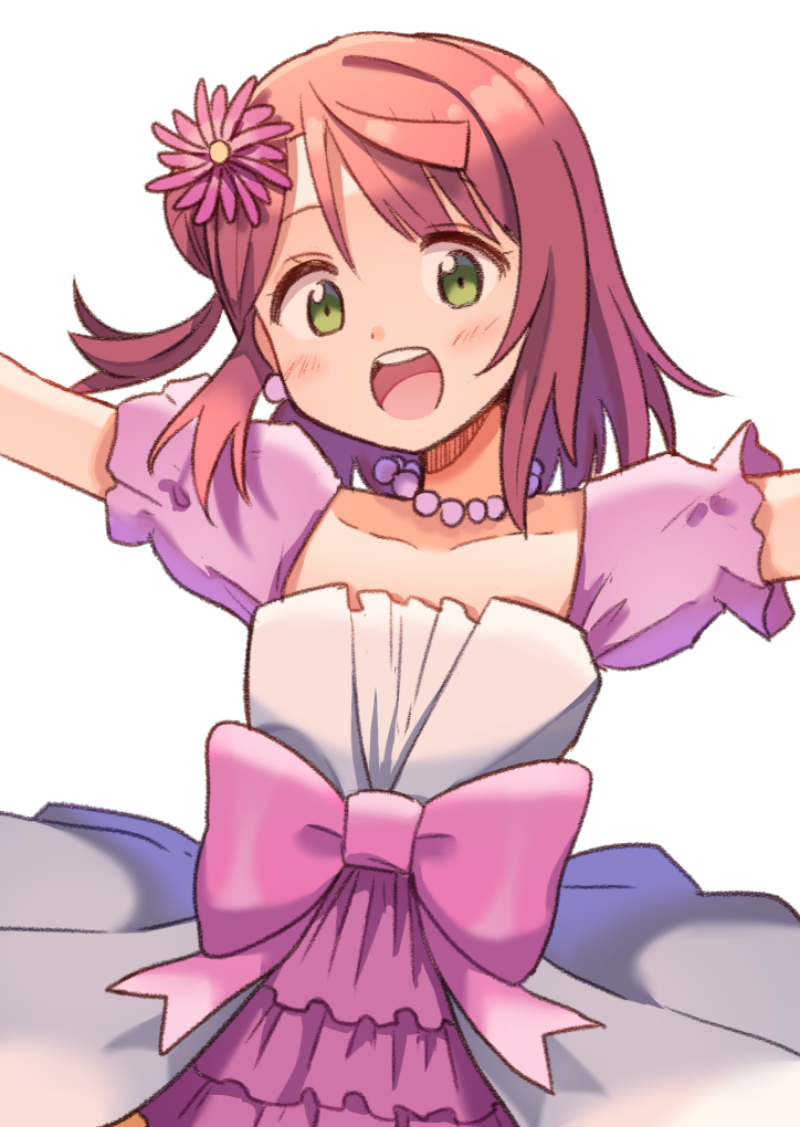 hatsukaze33, uehara ayumu, love live!, love live! nijigasaki high school idol club, commentary request, 1girl, awakening promise (love live!), collarbone, dress, flower, frilled dress, frills, green eyes, hair flower, hair ornament, looking at viewer, medium hair, official alternate costume, outstretched arms, pink dress, pink flower, pink hair, puffy short sleeves, puffy sleeves, short sleeves, simple background, solo, spread arms, white background