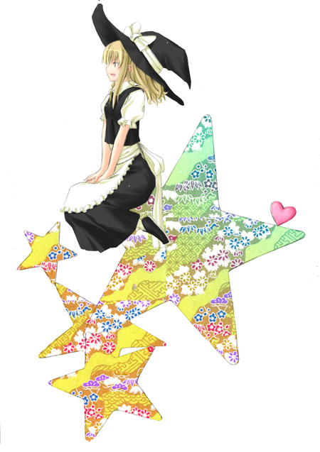 nabeshima tetsuhiro, kirisame marisa, touhou, 1girl, :d, apron, black hat, black shoes, black skirt, black vest, blonde hair, bow, braid, female focus, frilled apron, frilled sleeves, frills, from side, hair bow, hat, hat bow, hat ribbon, heart, long hair, open mouth, pantyhose, profile, puffy short sleeves, puffy sleeves, ribbon, sayagata, seigaiha, shippou (pattern), shirt, shoes, short sleeves, sitting, skirt, smile, solo, star (symbol), vest, waist apron, white apron, white bow, white pantyhose, white ribbon, white shirt, witch hat, yellow eyes