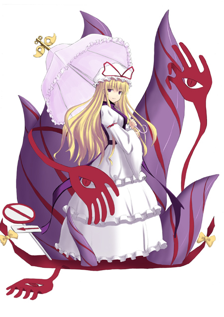 nabeshima tetsuhiro, yakumo yukari, touhou, 1girl, female focus, hat, parasol, solo, umbrella, white background