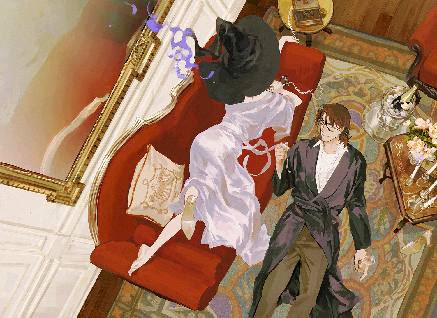 huangdanlan, lockon stratos, tieria erde, gundam, gundam 00, commentary, english commentary, 1boy, 1girl, bathrobe, black hat, black robe, brown hair, brown pants, corded phone, couch, cup, drinking glass, genderswap, genderswap (mtf), hair between eyes, hat, high heels, holding, holding cup, indoors, pants, phone, pillow, robe, rug, shoes, short hair, single bare foot, single shoe, table, wine glass, witch hat, wooden floor