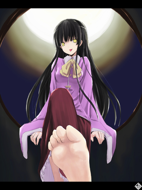 nabeshima tetsuhiro, houraisan kaguya, touhou, 1girl, :p, barefoot, feet, female focus, foot focus, foot worship, from below, full moon, letterboxed, looking at viewer, moon, round window, soles, solo, tongue, tongue out, window, yellow eyes