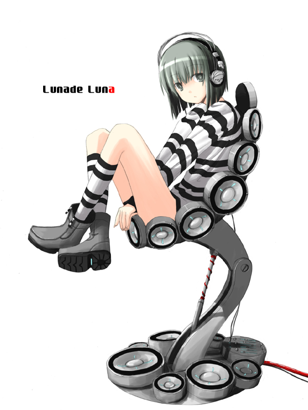 nabeshima tetsuhiro, striped, tagme, 1girl, boots, female focus, headphones, solo