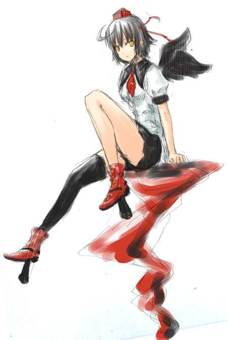 nabeshima tetsuhiro, shameimaru aya, touhou, 1girl, asymmetrical clothes, female focus, geta, hat, single thighhigh, solo, tengu-geta, thighhighs