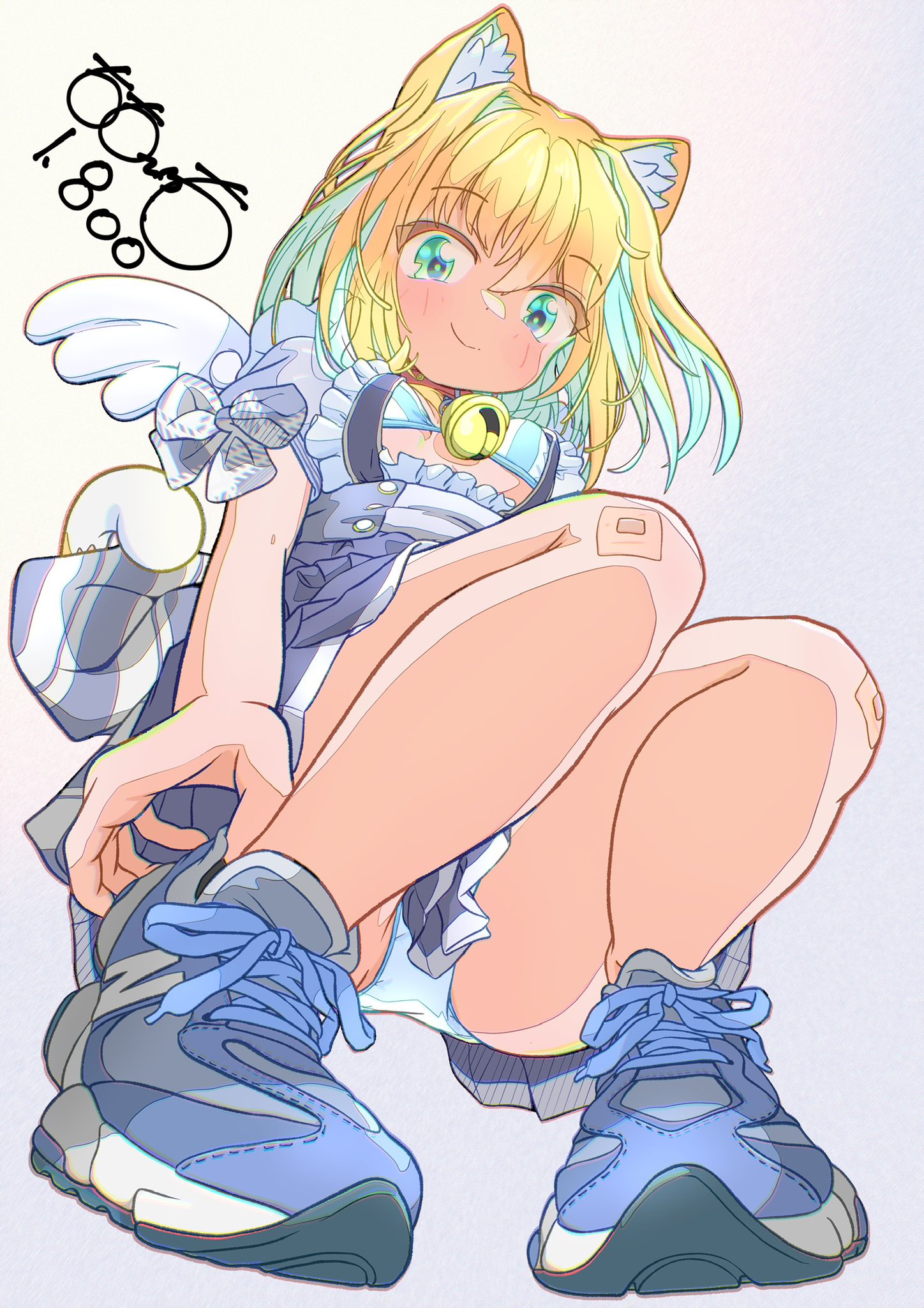 totomoto, original, highres, 1girl, adjusting clothes, adjusting shoe, angel wings, animal ear fluff, animal ears, artist name, bandaid, bandaid on knee, bandaid on leg, bell, blonde hair, blue shoes, blue skirt, blurry, blurry background, blush, bow, bra, breasts, cat ears, cat girl, closed mouth, dot nose, fake wings, frills, from below, full body, green eyes, jingle bell, panties, pleated skirt, shoes, short hair, signature, simple background, skirt, small breasts, smile, sneakers, solo, squatting, striped bra, striped clothes, tail, thighs, underwear, vertical-striped bra, vertical-striped clothes, white panties, wings