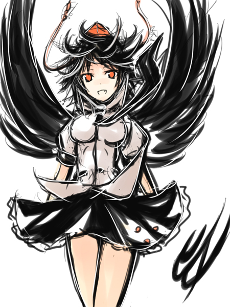 nabeshima tetsuhiro, shameimaru aya, touhou, black legwear, 1girl, black wings, fang, female focus, hat, looking at viewer, necktie, red eyes, short hair, solo, tokin hat, wind, wings