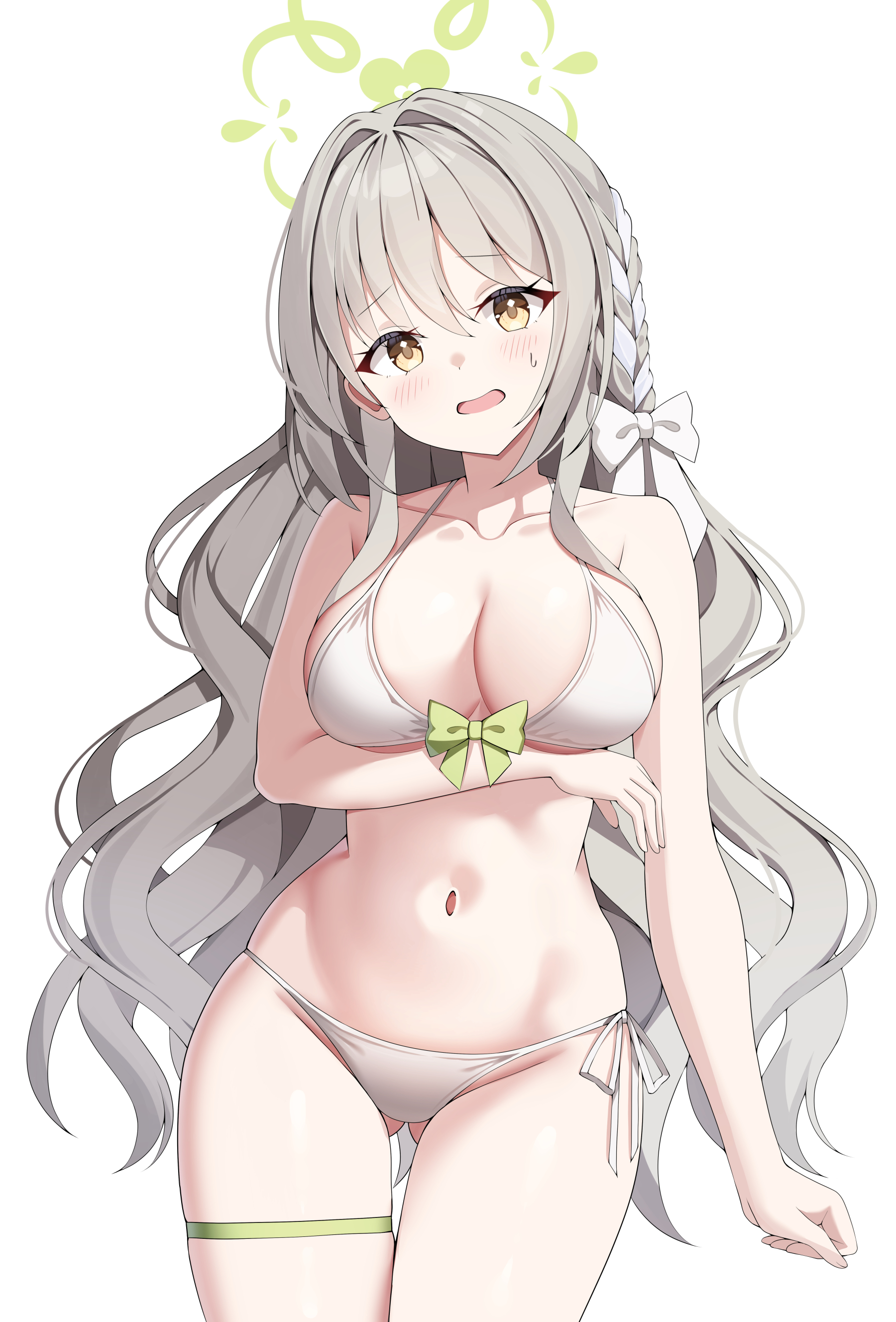 sob (submar1089), miyo (blue archive), blue archive, absurdres, highres, 1girl, :d, bare arms, bare shoulders, bikini, blush, bow, braid, breasts, brown eyes, cleavage, collarbone, cowboy shot, front-tie top, gluteal fold, green halo, grey hair, groin, hair between eyes, hair bow, hair ribbon, halo, halterneck, large breasts, long hair, looking at viewer, navel, open mouth, ribbon, simple background, smile, solo, standing, stomach, string bikini, swimsuit, thigh gap, thigh strap, thighs, very long hair, white background, white bikini