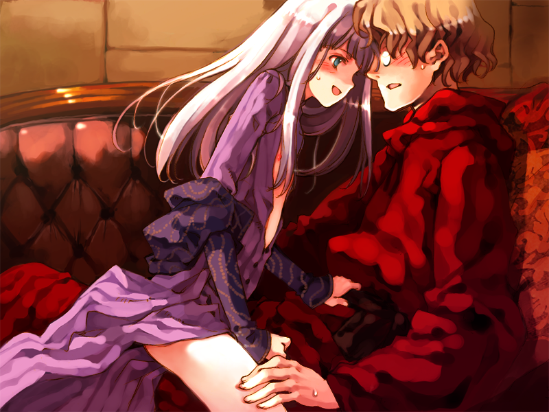 ooyari ashito, domino (little witch romanesque), elmore, elmore (littlewitch), littlewitch, shoujo mahou gaku littlewitch romanesque, silver hair, game cg, 1girl, 2boys, :d, blue eyes, blunt bangs, blush, brown hair, couch, cowgirl position, dress, face-to-face, flat chest, forehead-to-forehead, girl on top, glasses, heads together, long hair, male focus, mature female, multiple boys, naughty face, no bra, open clothes, open mouth, open shirt, pince-nez, profile, robe, shirt, short hair, shota, sitting, smile, straddling, sweat, trap, upright straddle, yaoi