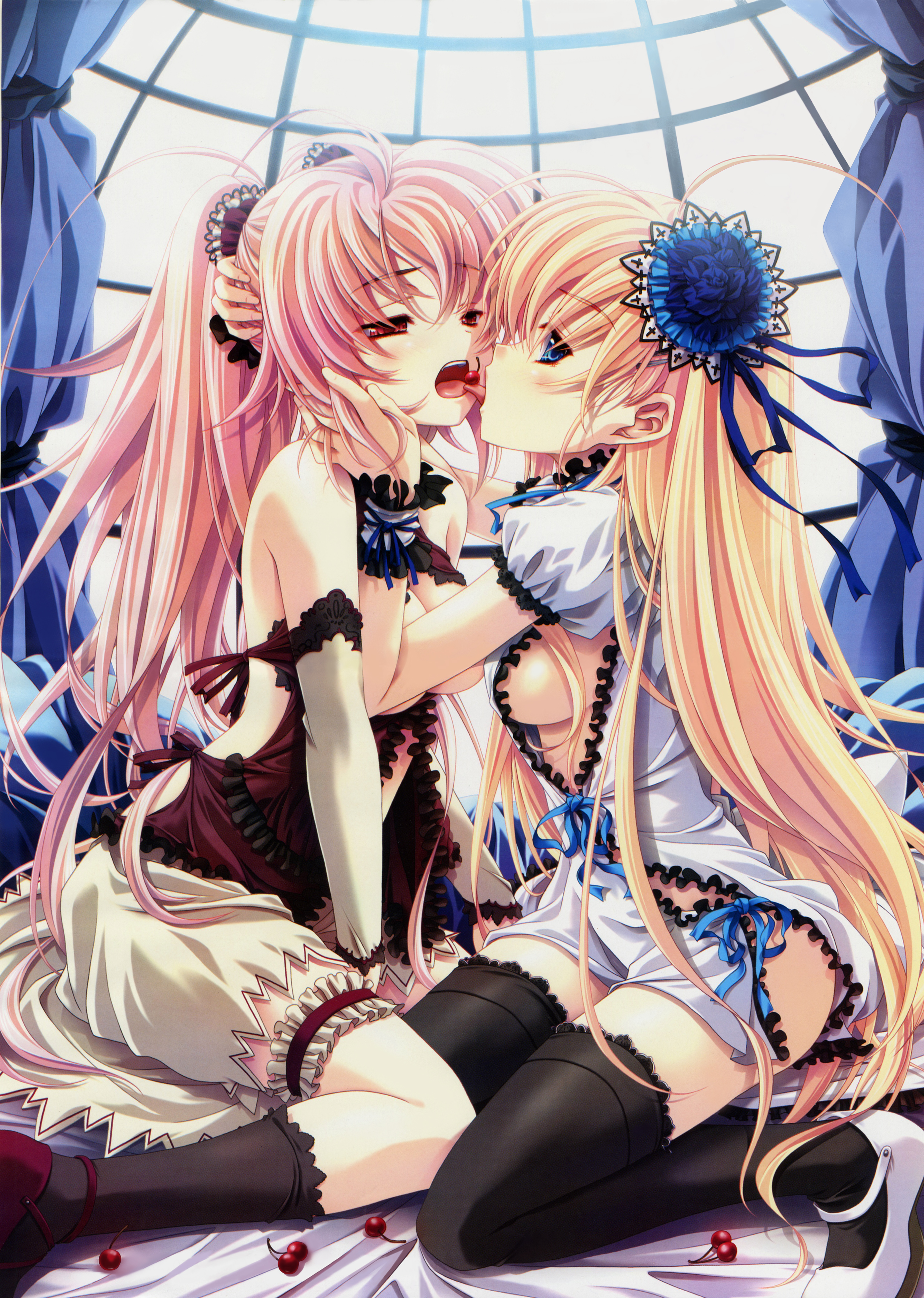miyama-zero, absurdres, highres, 2girls, antenna hair, bed, black thighhighs, blonde hair, blue eyes, blush, breasts, cherry, curtains, food, frilled thigh strap, frills, fruit, hair ornament, hand on another's head, imminent kiss, kiss, kneeling, lolita fashion, long hair, mary janes, mouth hold, multiple girls, no bra, open mouth, pink hair, ponytail, red eyes, ribbon, shoes, sideboob, sitting, thigh strap, thighhighs, tongue, very long hair, window, wrist cuffs, yuri, zettai ryouiki