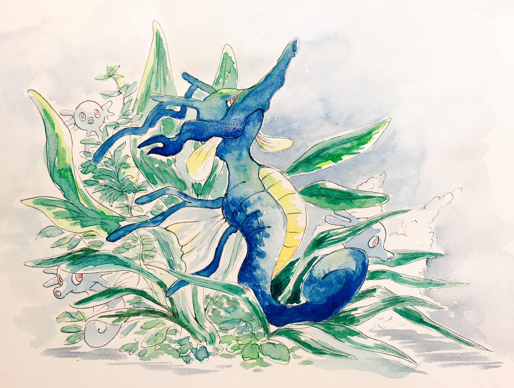 mint nappa, horsea, kingdra, nintendo, pokemon, commentary request, highres, painting (medium), traditional media, watercolor (medium), animal focus, full body, gen 1 pokemon, gen 2 pokemon, leaf, looking ahead, no humans, pokemon (creature), red eyes, seaweed, simple background