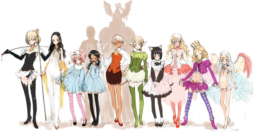 ooyari ashito, aria vancleef, constantine (little witch romanesque), fianna mellowa, kaya xavier, mariella grandback, mauresumo, merret, merret (littlewitch), olga klose, olivia (little witch romanesque), sepha, sepha (littlewitch), teie (littlewitch), tillet, littlewitch, shoujo mahou gaku littlewitch romanesque, striped legwear, official art, 6+girls, :d, animal ears, black hair, black thighhighs, blonde hair, blue eyes, blunt bangs, blush, bob cut, boots, bow, braid, breasts, capelet, cat ears, cat girl, cat tail, child, choker, circlet, cleavage, clothes lift, corset, covering own mouth, crop top, crown, double bun, dress, dress lift, earrings, elbow gloves, elf, everyone, female focus, flat chest, glasses, gloves, green boots, hair bow, hair bun, hair ornament, hand on own hip, hand over mouth, hand over own mouth, helmet, high heel boots, high heels, hip focus, holding, holding riding crop, jewelry, legs, lineup, long hair, maid, mary janes, medium breasts, midriff, miniskirt, multiple girls, musical note, necklace, office lady, one eye closed, open mouth, pantyhose, pink hair, pink thighhighs, pointy ears, quaver, riding crop, shawl, shoes, short dress, short hair, silhouette, simple background, sketch, skirt, small breasts, smile, staff, standing, striped clothes, striped thighhighs, tail, thigh boots, thighhighs, twintails, wand, wavy hair, whip, white hair, winged helmet, wings, wink, zettai ryouiki