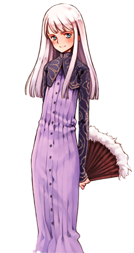 ooyari ashito, elmore, elmore (littlewitch), littlewitch, shoujo mahou gaku littlewitch romanesque, silver hair, lowres, official art, 1girl, arms behind back, blue eyes, blunt bangs, blush, buttons, crop top, dress, feather fan, female focus, flat chest, folding fan, hand fan, long hair, male focus, mature female, smile, solo, standing, transparent background, turtleneck