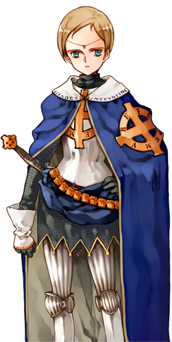 ooyari ashito, rosetta (little witch romanesque), littlewitch, shoujo mahou gaku littlewitch romanesque, lowres, official art, 1girl, :o, androgynous, armor, belt, blonde hair, blue eyes, bob cut, cape, celtic cross, chainmail, circlet, cross, fantasy, female focus, flat chest, gauntlets, gloves, greek cross, hand on own hip, miniskirt, open mouth, short hair, skirt, solo, standing, sword, tomboy, transparent background, turtleneck, weapon