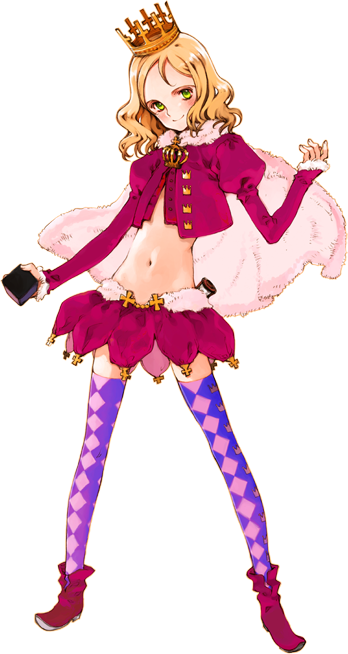 ooyari ashito, constantine (little witch romanesque), littlewitch, shoujo mahou gaku littlewitch romanesque, official art, 1girl, blonde hair, blush, boots, cape, checkered clothes, checkered legwear, crop top, cross, crown, female focus, flat chest, full body, fur trim, greek cross, green eyes, hat, legs apart, midriff, miniskirt, navel, patterned legwear, purple thighhighs, short hair, skirt, smile, solo, standing, thighhighs, transparent background, zettai ryouiki
