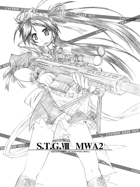 akimoto dai, original, 1girl, anti-materiel rifle, barrett m82, boots, combat maid, female focus, frills, greyscale, gun, hair ribbon, headset, long hair, maid, monochrome, ribbon, rifle, sniper rifle, solo, thighhighs, twintails, weapon