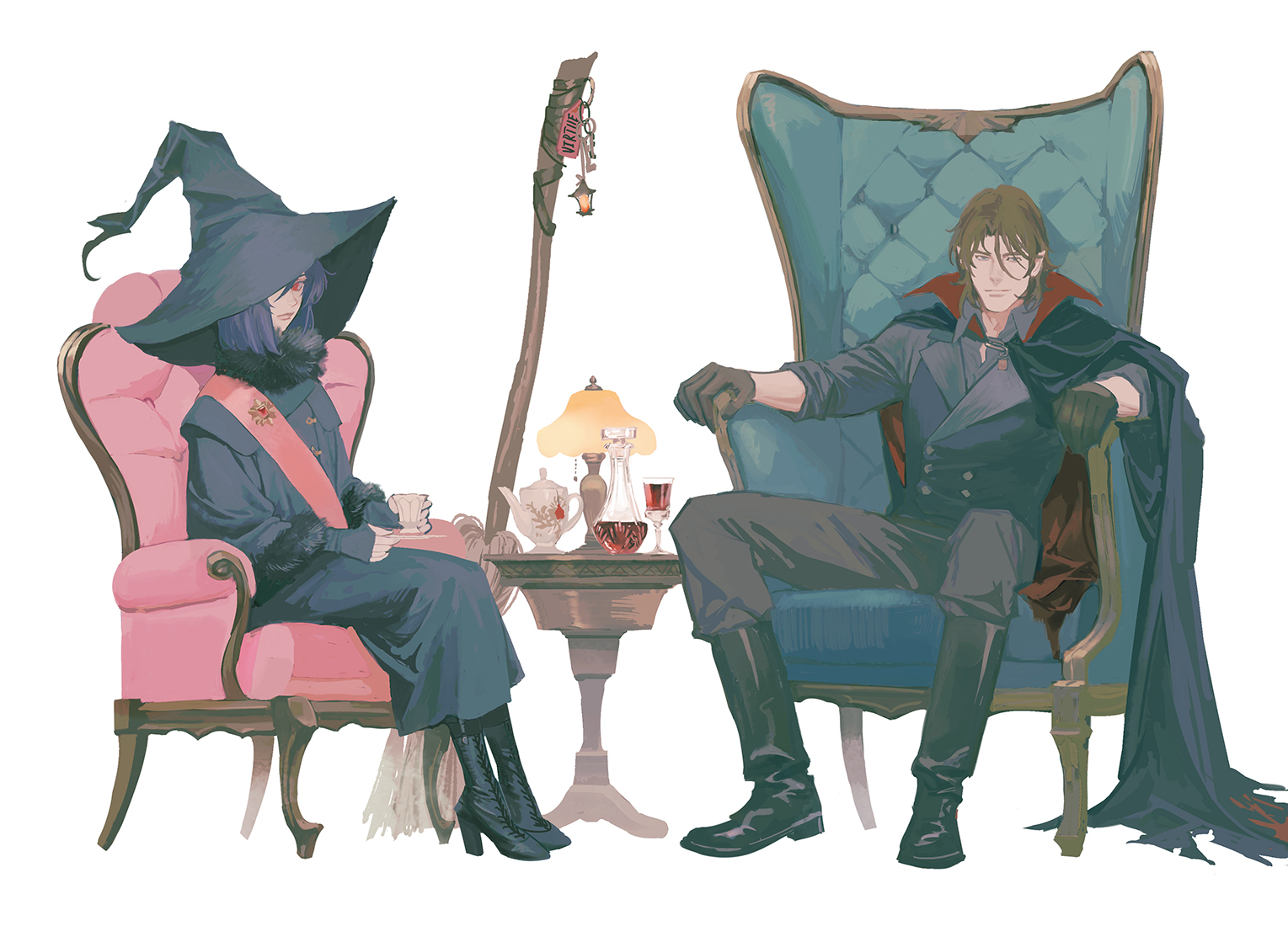 huangdanlan, lockon stratos, tieria erde, gundam, gundam 00, commentary, english commentary, 1boy, 1girl, armchair, black boots, black cape, black dress, black gloves, boots, broom, brown hair, cape, chair, cup, dress, fur-trimmed dress, fur trim, genderswap, genderswap (mtf), gloves, hat, high collar, high heel boots, high heels, holding, holding cup, lamp, pink sash, purple hair, red eyes, sash, sitting, tea, teacup, teapot, vampire costume, witch hat