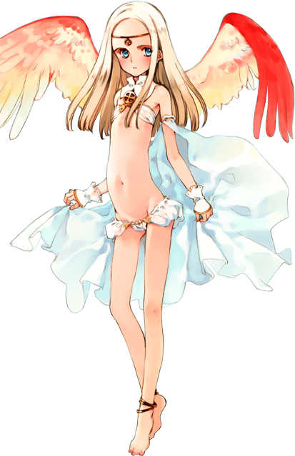 ooyari ashito, sepha, sepha (littlewitch), littlewitch, shoujo mahou gaku littlewitch romanesque, official art, 1girl, angel, angel wings, anklet, bad feet, barefoot, bikini, blonde hair, blue eyes, blush, cape, circlet, detached sleeves, feet, female focus, flat chest, full body, groin, jewelry, legs, loli, long hair, long legs, lowleg, lowleg bikini, lowleg panties, navel, open mouth, panties, skinny, solo, standing, swimsuit, thighs, tiptoes, transparent background, turtleneck, underwear, wings
