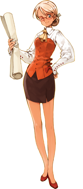 ooyari ashito, mariella grandback, littlewitch, shoujo mahou gaku littlewitch romanesque, official art, 1girl, ascot, blonde hair, blue eyes, breasts, female focus, full body, glasses, hand on own hip, legs, long legs, miniskirt, no socks, office lady, one eye closed, paper, pencil skirt, red shoes, scroll, shoes, short hair, simple background, skirt, small breasts, smile, solo, standing, thighs, transparent background, wink