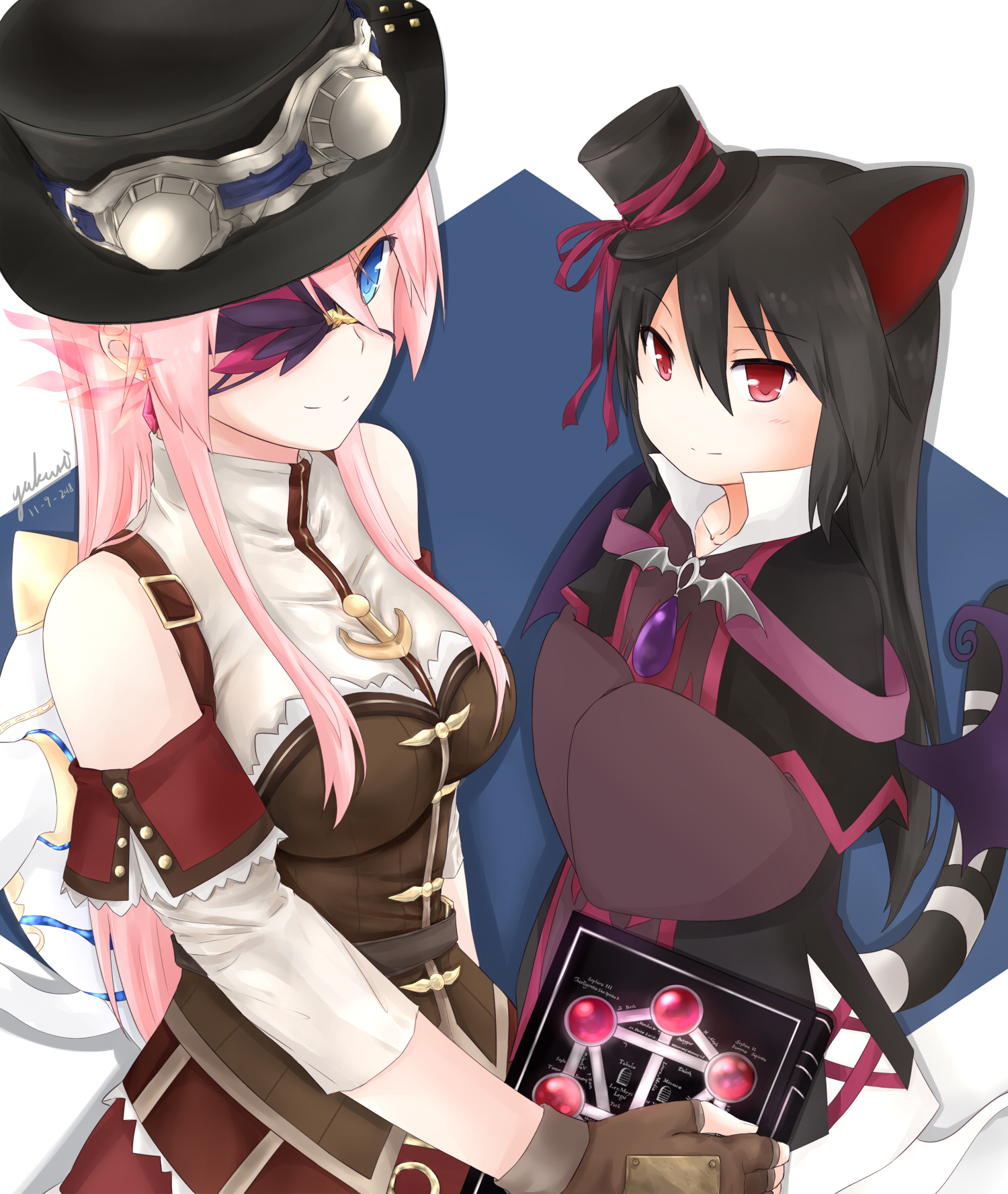 yukuri, nekomata kuro, emil chronicle online, highres, 2girls, animal ears, bat wings, black dress, black hair, black hat, black wings, blue eyes, bodice, book, breasts, brown corset, cat ears, cat girl, cat tail, corset, detached sleeves, dress, eyepatch, ghost girl, ghost tail, hat, hat ribbon, holding, holding book, jewelry, large breasts, long hair, long sidelocks, multiple girls, pendant, pink hair, red eyes, red ribbon, red skirt, ribbon, shirt, sidelocks, skirt, sleeveless, sleeveless shirt, smile, tail, white background, white sleeves, wings