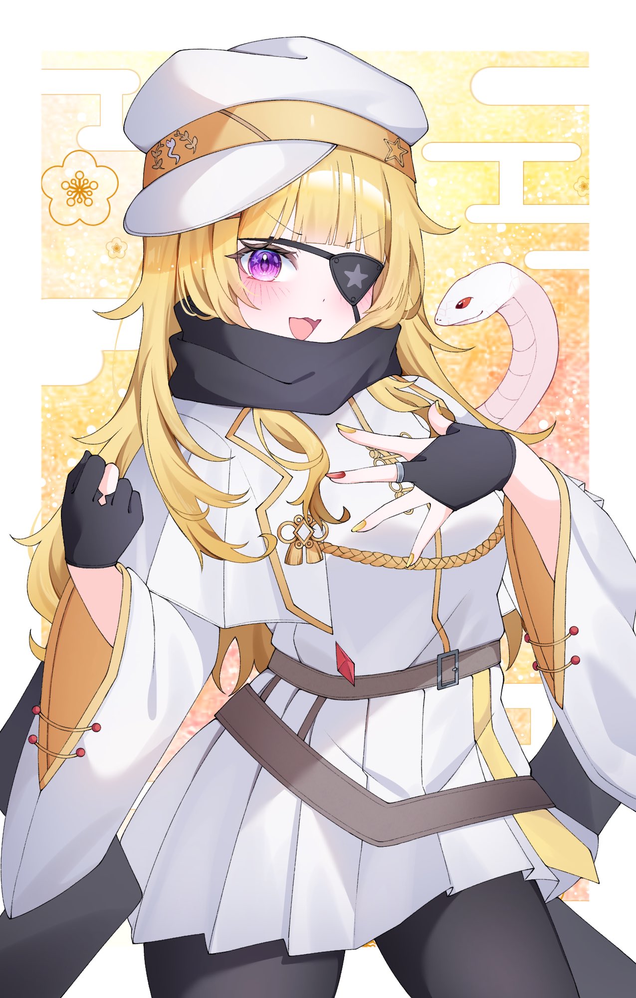 mumei rinnka, indie virtual youtuber, commission, highres, skeb commission, 1girl, aiguillette, asymmetrical gloves, black gloves, black pantyhose, black scarf, blonde hair, blush, eyepatch, fingerless gloves, gloves, hat, janome yabu, long hair, military uniform, mismatched gloves, open mouth, pantyhose, purple eyes, red nails, scarf, smile, snake, solo, star (symbol), star in eye, symbol in eye, virtual youtuber, white hat, wide sleeves, yellow nails