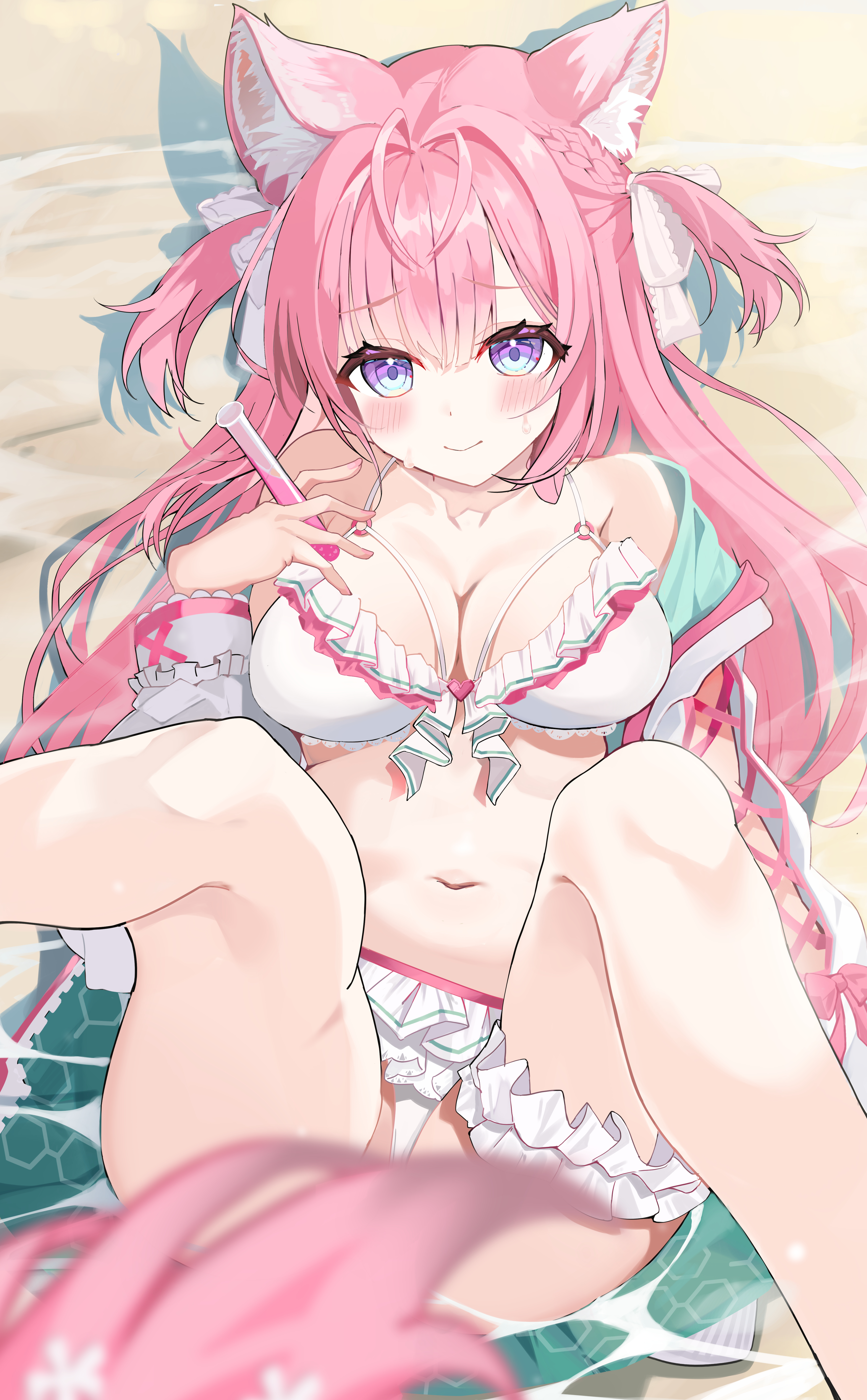 polyethyle, hakui koyori, hakui koyori (summer), hololive, absurdres, highres, 1girl, animal ears, antenna hair, beach, bikini, bikini bottom aside, blue eyes, blurry, blurry foreground, blush, bow, braid, breasts, cleavage, closed mouth, clothing aside, collarbone, fingernails, frilled bikini, frills, gradient eyes, green hoodie, hair ribbon, hexagon print, holding, holding test tube, hood, hoodie, large breasts, long hair, long sleeves, looking at viewer, multicolored eyes, nail polish, navel, open clothes, open hoodie, pink bow, pink hair, pink nails, pink tail, purple eyes, ribbon, sand, smile, solo, stomach, swimsuit, tail, tail censor, test tube, thighs, two-tone hoodie, two side up, virtual youtuber, white bikini, white hoodie, white ribbon, wolf ears, wolf girl, wolf tail