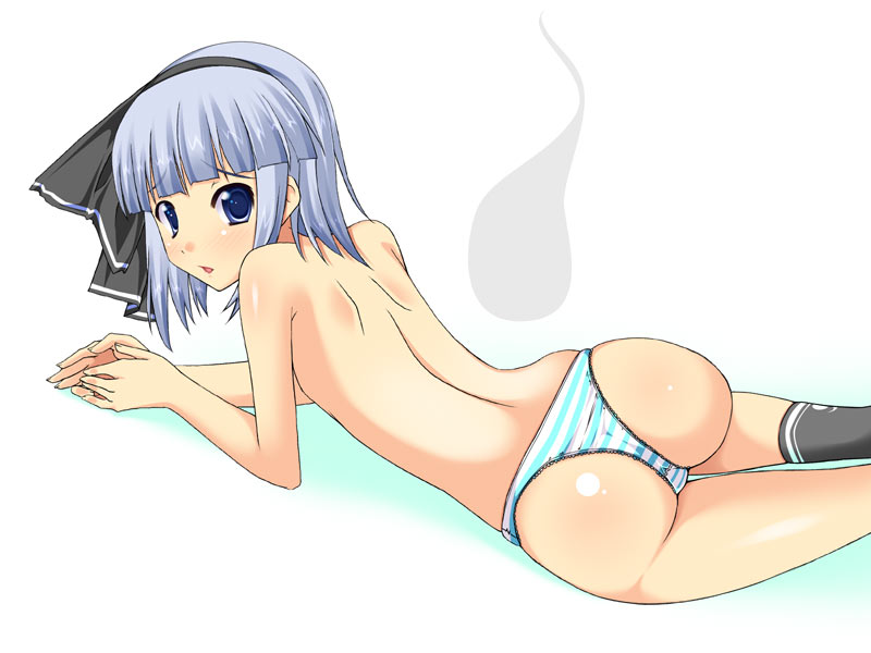 kirise mitsuru, konpaku youmu, konpaku youmu (ghost), touhou, silver hair, bad id, bad pixiv id, 1girl, ass, back, blue eyes, female focus, hair ribbon, hitodama, panties, ribbon, solo, striped clothes, striped panties, topless female, underwear