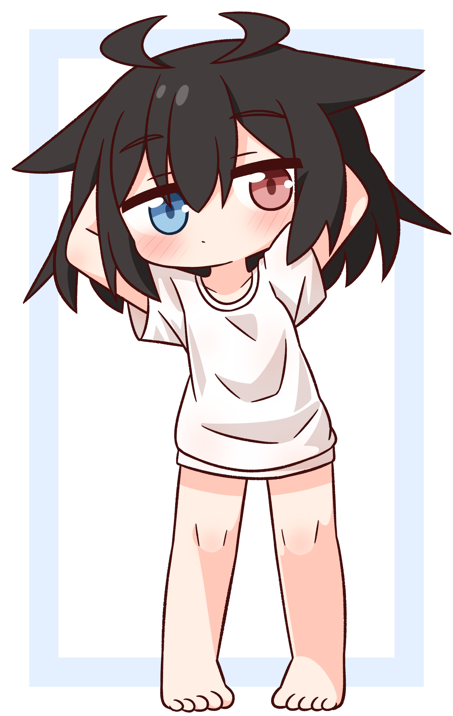 hana kazari, original, absurdres, commentary request, highres, 1girl, antenna hair, arms behind head, bare legs, barefoot, black hair, blue border, blue eyes, blush, border, closed mouth, collarbone, full body, heterochromia, looking at viewer, no pants, red eyes, shirt, short hair, short sleeves, simple background, solo, standing, t-shirt, white background, white shirt
