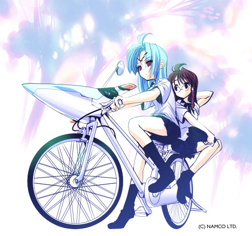 kos-mos, shion uzuki, xeno (series), xenosaga, xenosaga episode ii, 00s, 2girls, bicycle, multiple girls, multiple riders, school uniform, serafuku, sidesaddle, socks