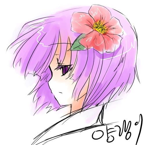 hieda no akyuu, perfect memento in strict sense, touhou, lowres, 1girl, female focus, heida no akyuu, korean text, portrait, purple hair, simple background, solo, white background
