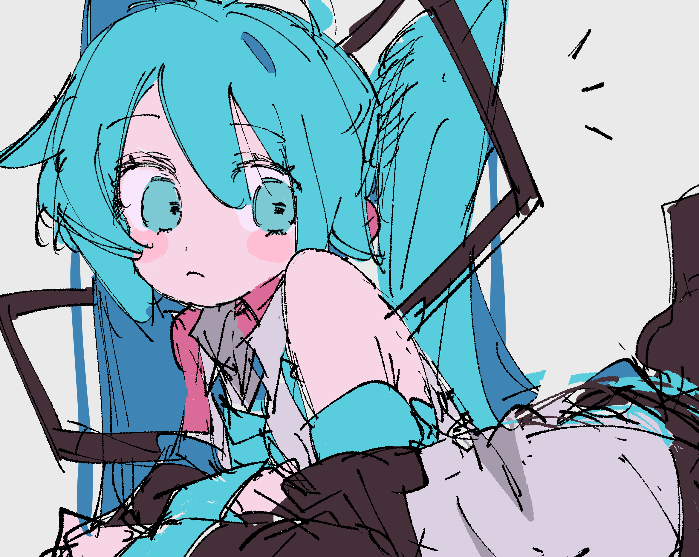 n40a1, hatsune miku, vocaloid, highres, 1girl, aqua eyes, aqua hair, aqua necktie, bare shoulders, black thighhighs, closed mouth, collared shirt, detached sleeves, frown, long hair, long sleeves, necktie, shirt, sleeveless, sleeveless shirt, solo, thighhighs, twintails, very long hair, white shirt
