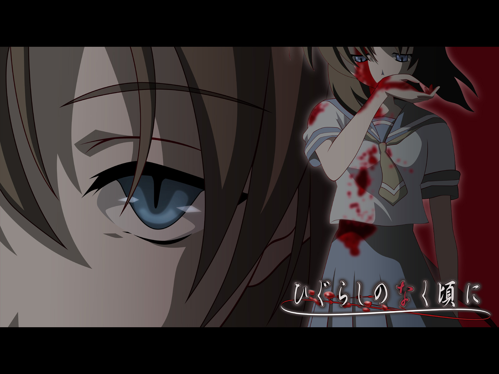 ryuuguu rena, higurashi no naku koro ni, highres, 00s, blood, empty eyes, evil face, letterboxed, school uniform, serafuku, slit pupils