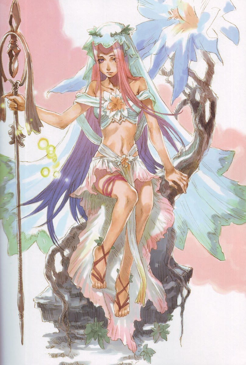 iwasaki minako, highres, scan, 1girl, bare shoulders, fantasy, female focus, flower, gradient hair, long hair, midriff, multicolored hair, navel, off shoulder, pink eyes, pink hair, purple hair, sandals, sitting, solo, staff, veil, very long hair