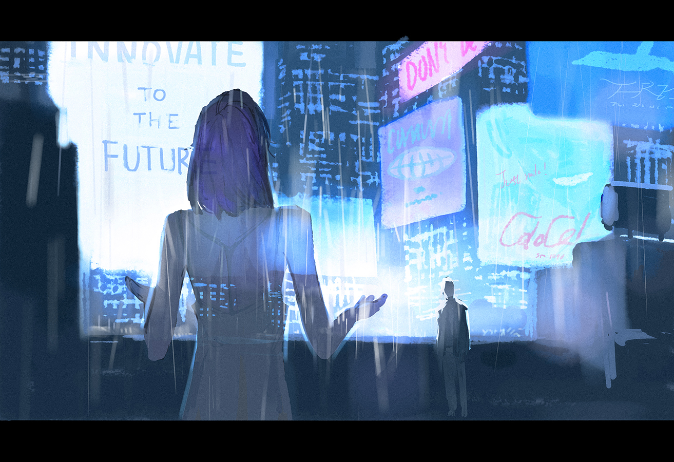 huangdanlan, lockon stratos, tieria erde, gundam, gundam 00, commentary, 2boys, billboard, crossdressing, crossdressing (mtf), cyberpunk, dress, english text, facing away, letterboxed, male focus, multiple boys, purple hair, rain, sign, trap, white dress